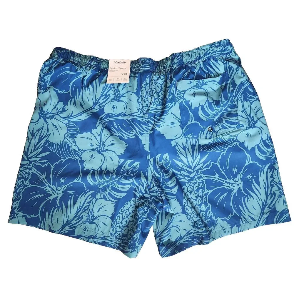 Swim Trunks Blue Tropical Hawaiian Print Elastic Plus Drawstring‎ Size XXL NEW
